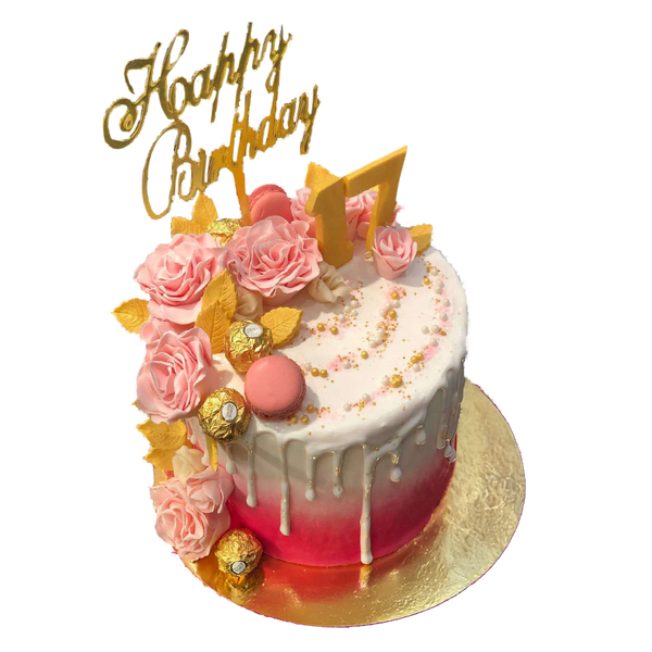 Weiß-Rosa-Dripcake mit Rosen, Goldblättern, Macarons und Rocher