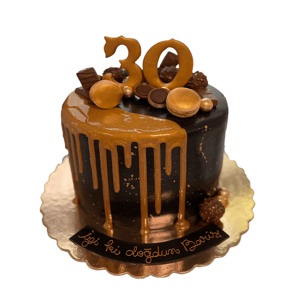 Drip-Cake mit Caramel-Drip, Tofifee, Bueno, Rocher und Macarons