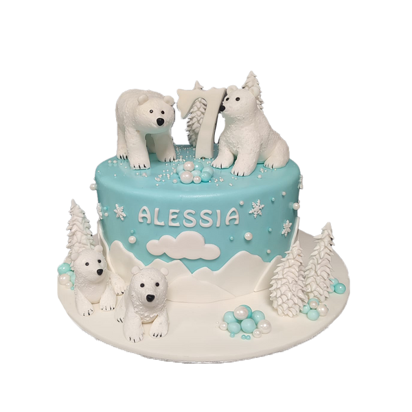 Blaue Eisbären Torte mit verschneiten Tannen, Wolken, Perlen und Schneeflocken
