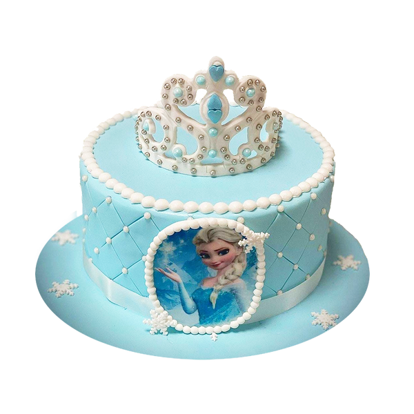 Einstöckige, blaue Torte mit gestanzten Muster, Schneeflocken, Perlen, Krone und Bild von Elsa