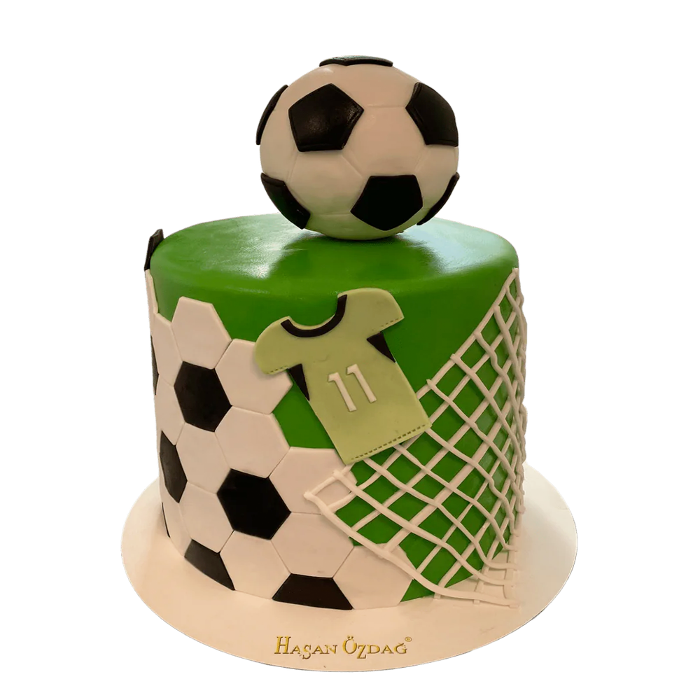 Grüne Torte mit Fußball-Muster, Tornetz, Trikot und Ball aus Fondant