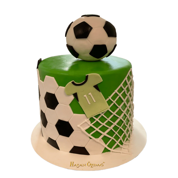 Grüne Torte mit Fußball-Muster, Tornetz, Trikot und Ball aus Fondant