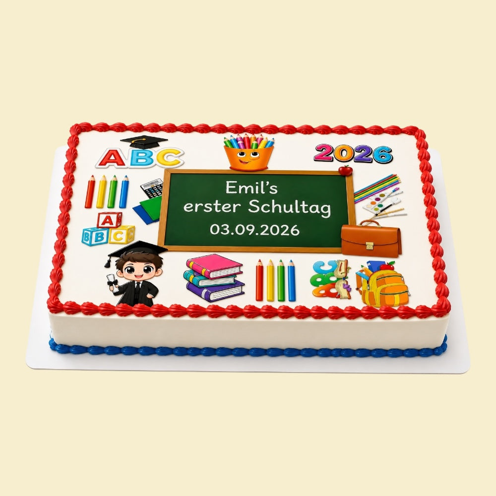 Hasan Özdag Onlineshop personalisierte Einschulungstorte mit Schulmotiven, ABC-Schriftzug und buntem Dekor