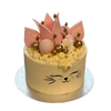 Weiße Katzentorte mit Blume, Katzengesicht, rosa Krone, goldenen Sternen und Kugeln.