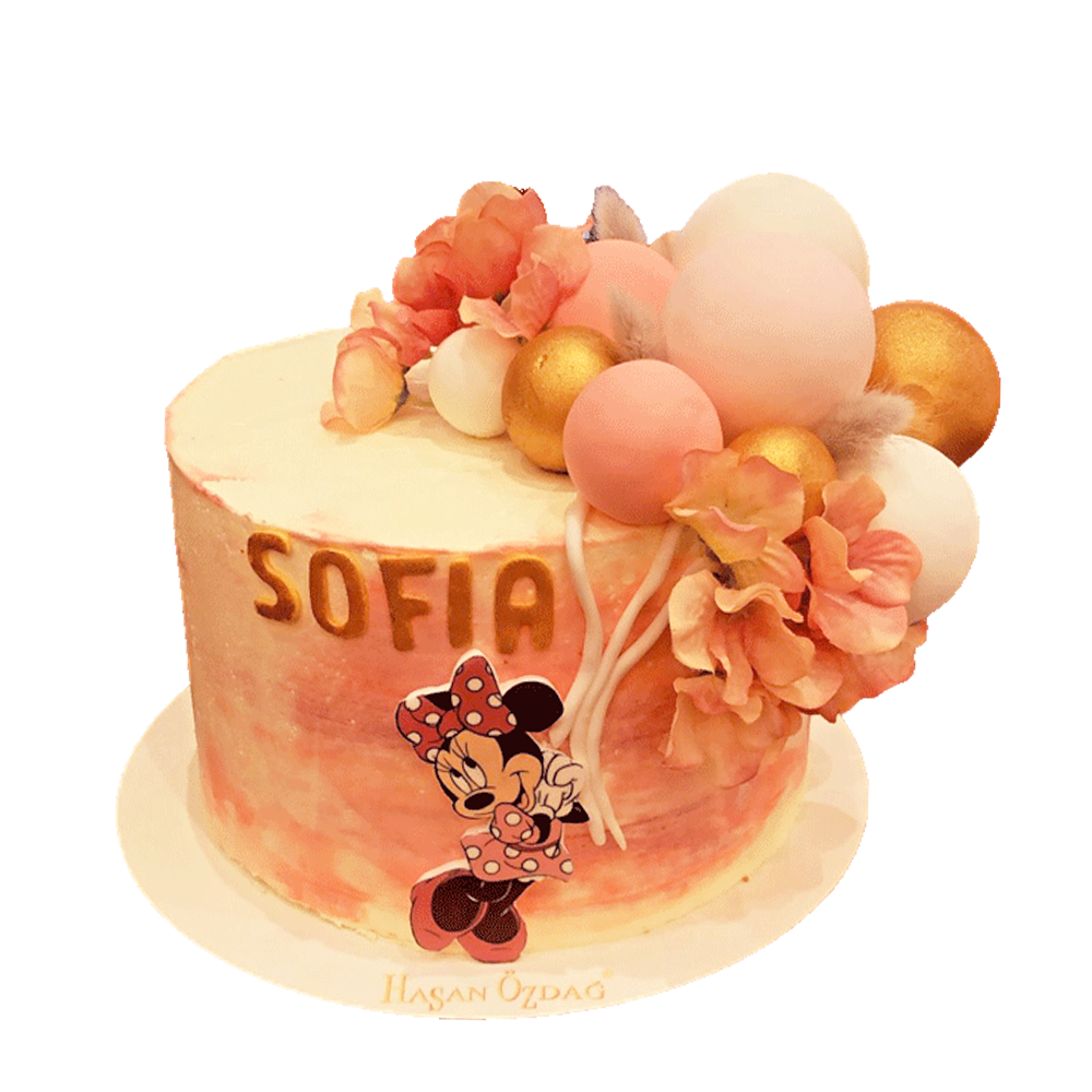 Rosa-Weiße Torte mit Mnnie-Maus, Rosa Blumen und Ballons