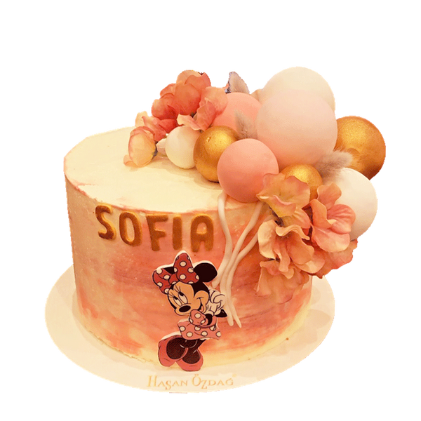 Rosa-Weiße Torte mit Mnnie-Maus, Rosa Blumen und Ballons