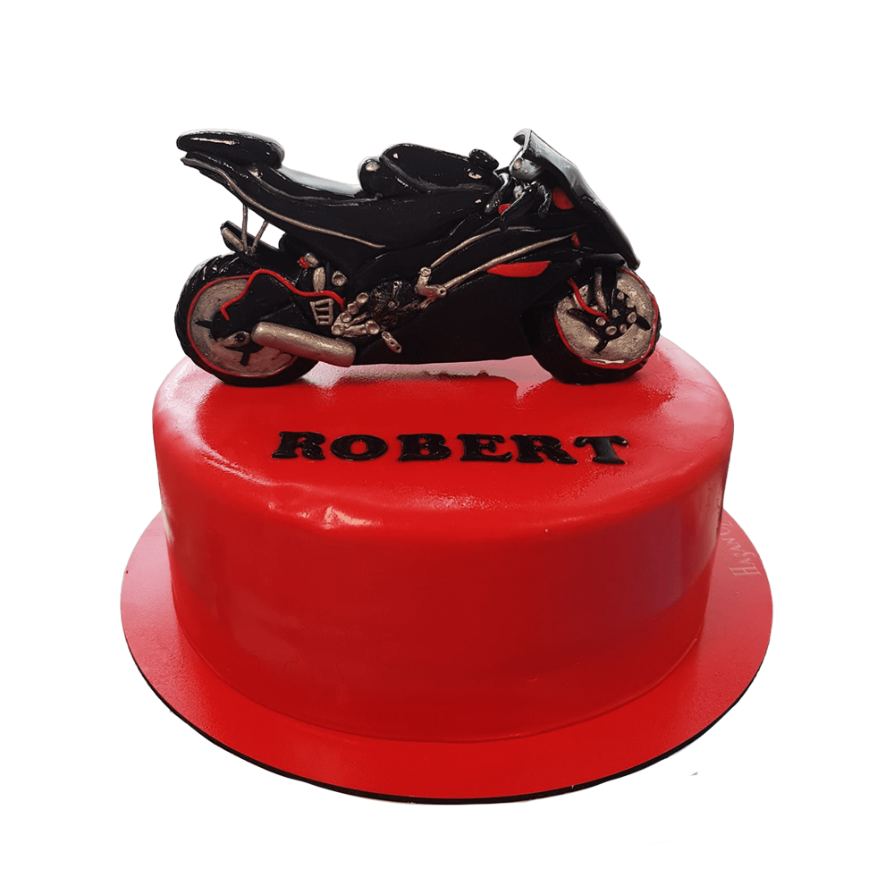 Einstöckige Torte mit roten Fondant und Motorrad
