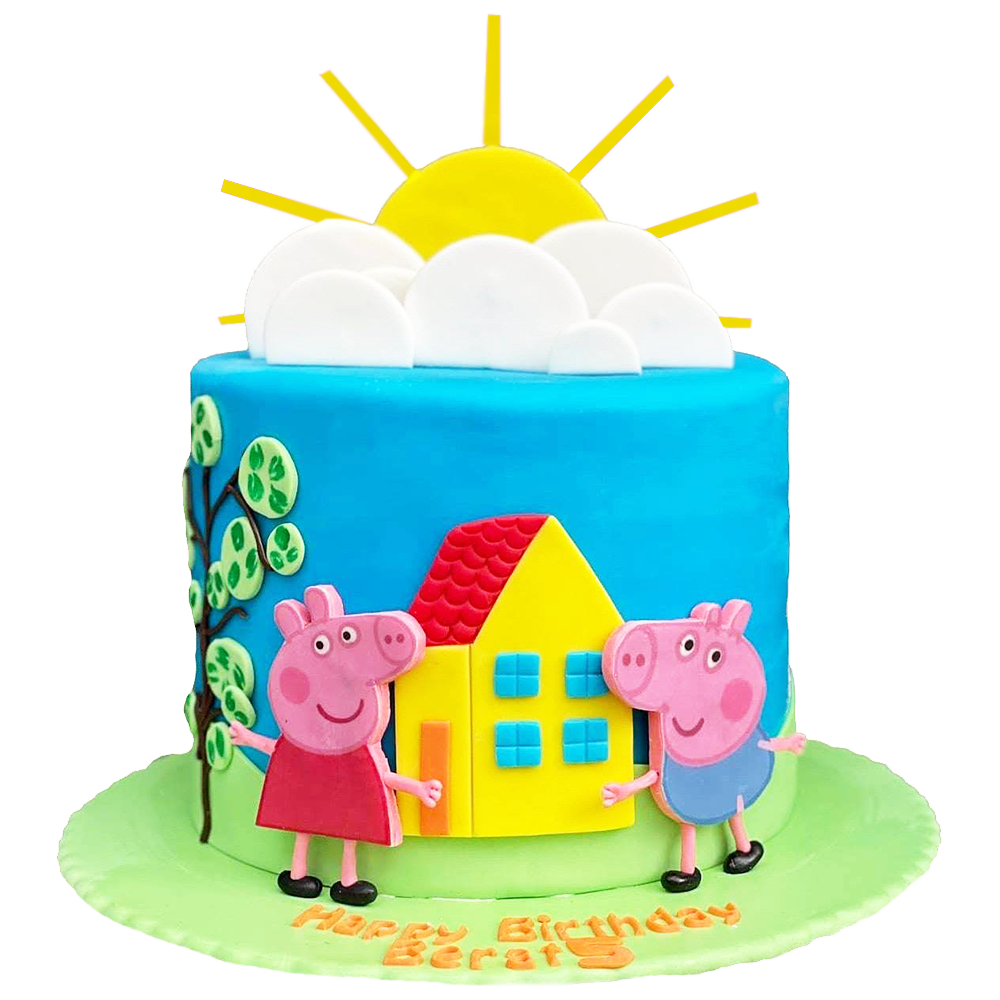 Einstöckige, Blaue Torte mit Peppa und Bruder, Haus Wolken und Sonne