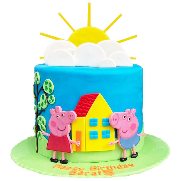 Einstöckige, Blaue Torte mit Peppa und Bruder, Haus Wolken und Sonne