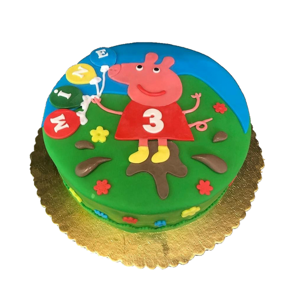 Torte mit bekannter Schweinchen-Figur, die in Matsch springt und Luftballons hält.