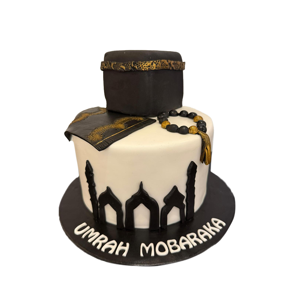 Schwarz weiße Umrah Mobaraka Torte mit Silhouette.