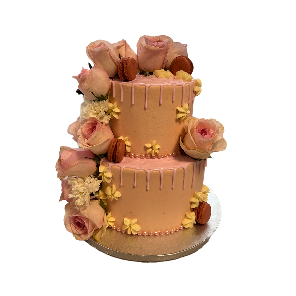 2 stöckige, rosa Torte mit Drip, Macarons und Rosen