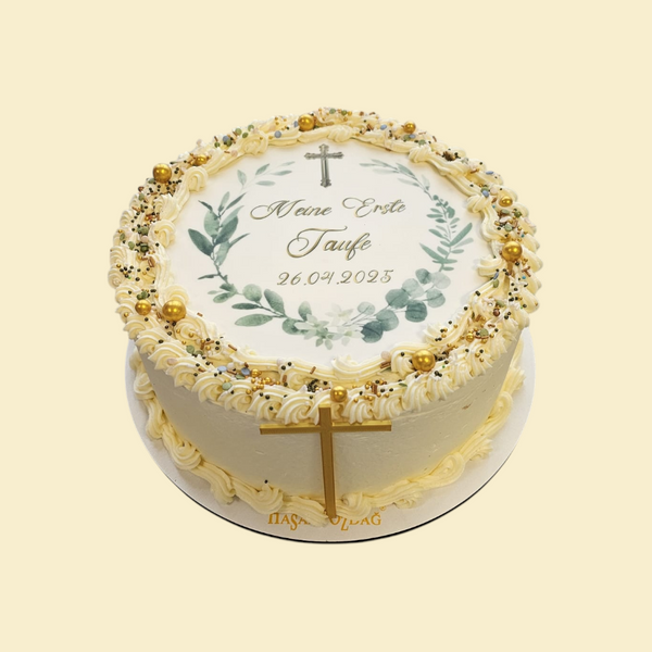 runde Torte mit Fotodruck und Kreuz aus Plex
