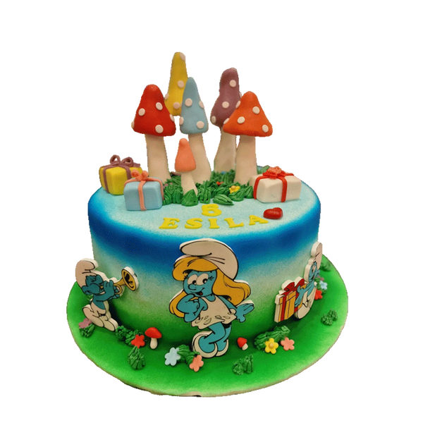 ine farbenfrohe Torte mit Schlumpf-Motiv, gestaltet für einen Kindergeburtstag. Die Torte ist blau-grün gefärbt und mit Figuren aus der Schlumpfwelt dekoriert, darunter Schlumpfine und weitere Schlümpfe, die Geschenke halten oder musizieren. Oben auf der Torte stehen bunte Zuckermorcheln in verschiedenen Farben. Rundherum sind kleine Geschenke und Blumen verteilt.