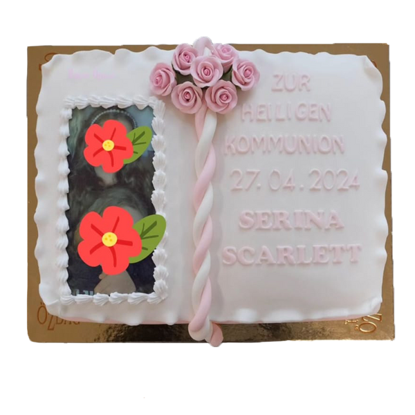 Weiß-Rosa Kommunions-Torte in Buchform mit Rosen und Bild