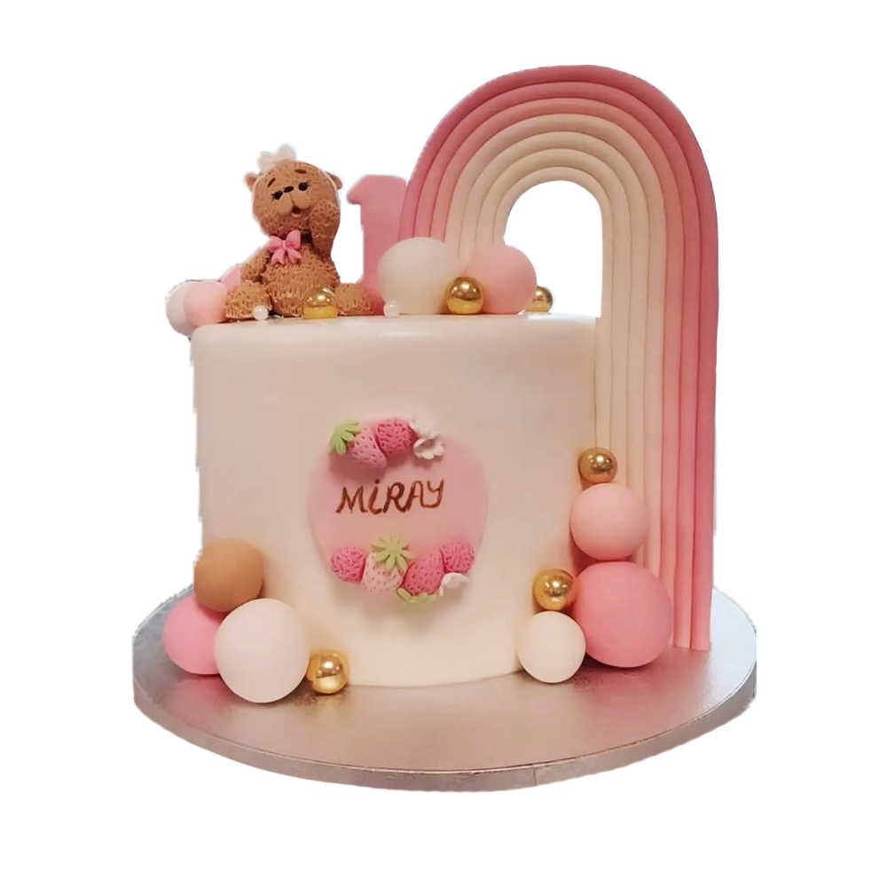 Rosa Torte, mit rosa-weißen  Kugeln, rosa Regenbogen, Erdbeeren, goldKugeln und Teddy-Figur