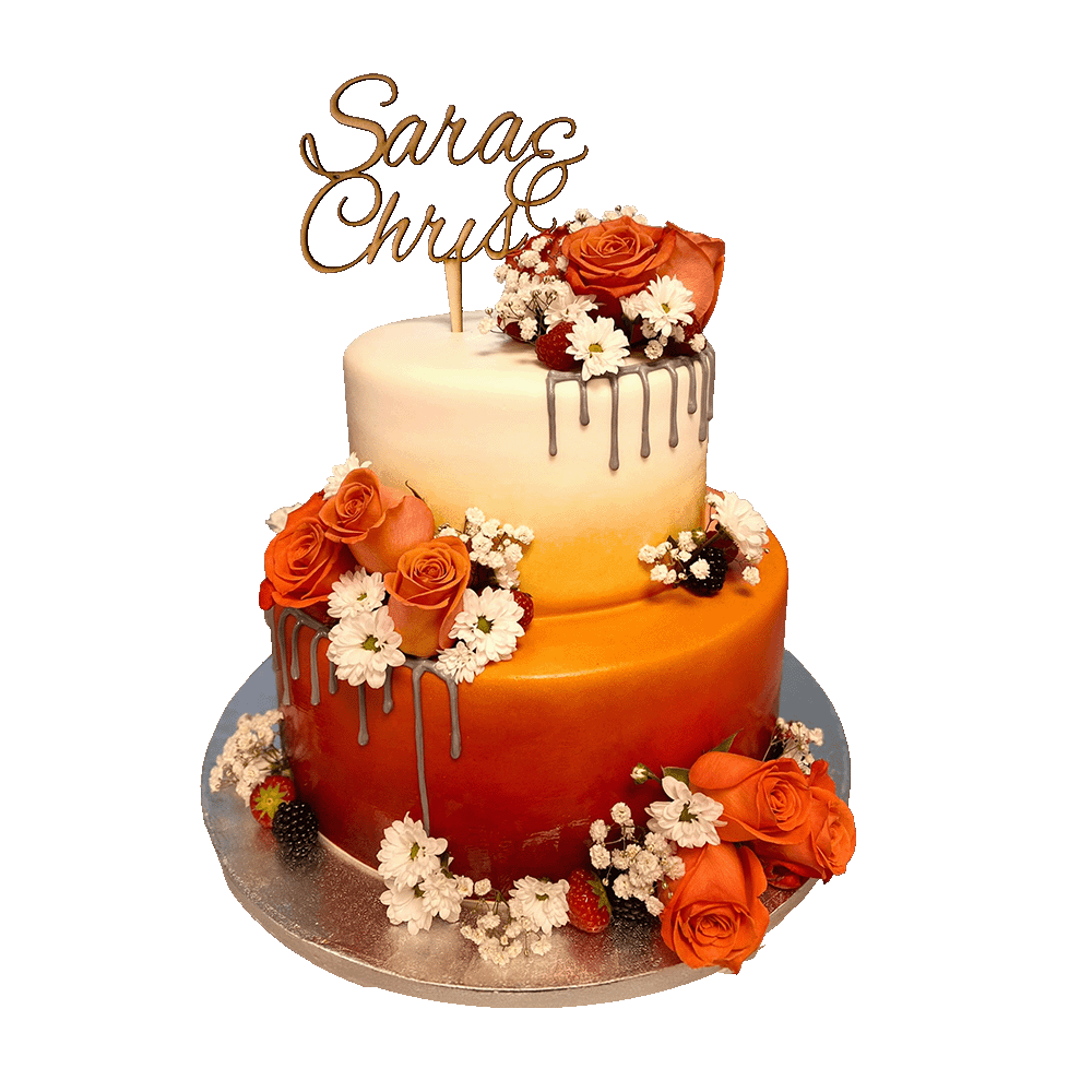 Orangene Ombre-Torte mit Drip und Blumen