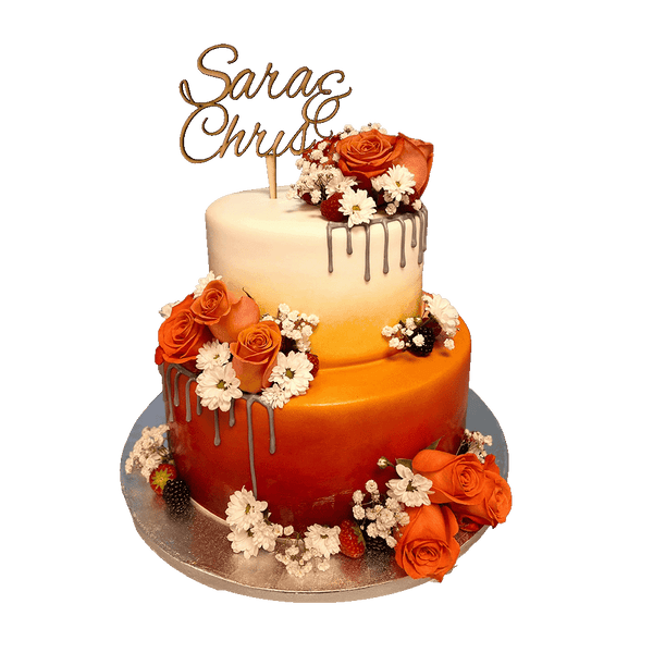 Orangene Ombre-Torte mit Drip und Blumen