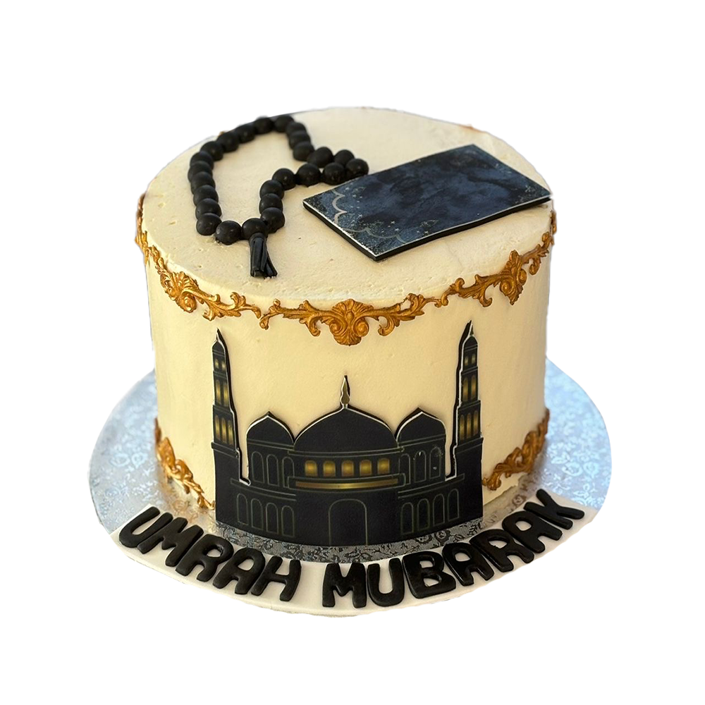 Umrah Mubarak-Torte mit Moschee und Goldrand