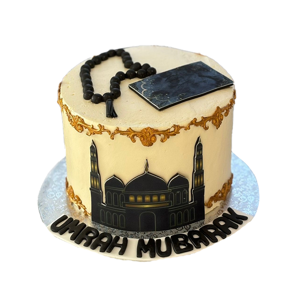 Umrah Mubarak-Torte mit Moschee und Goldrand