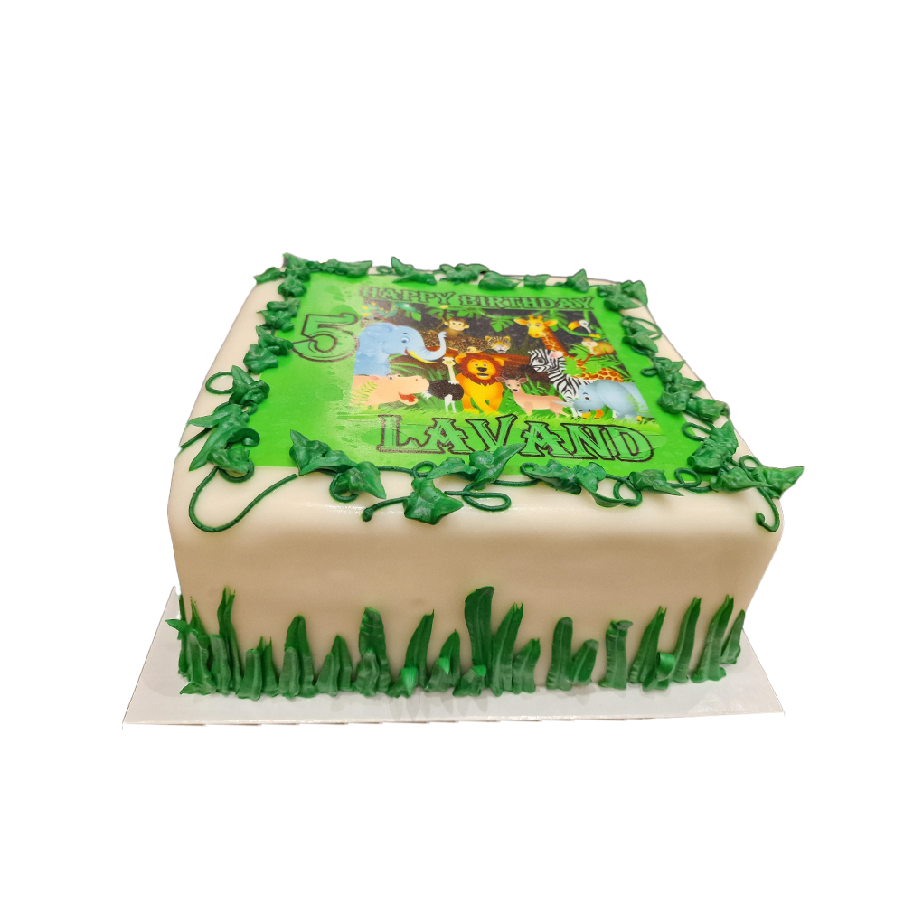 Weiße Torte mit Gras, Zoo-Foto und Ranken